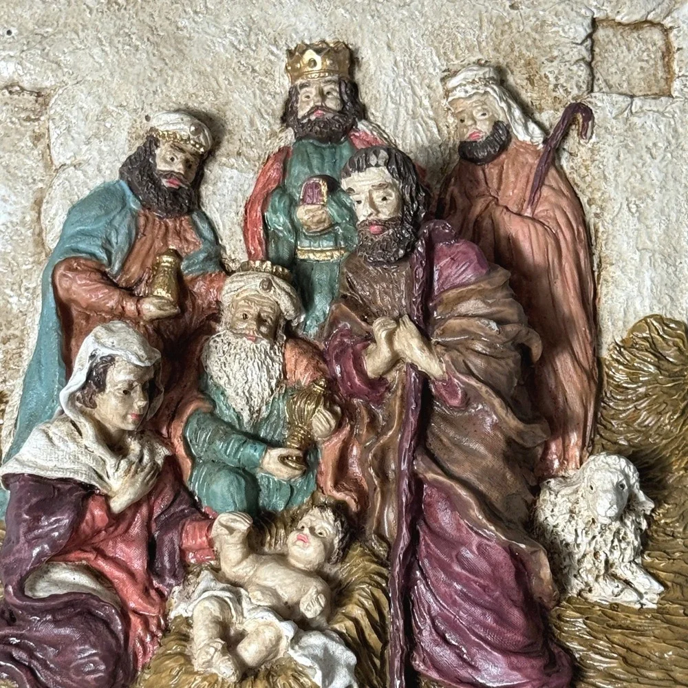 Nativity Scene Wall Plaque Vintage Baby Jesus Birth Lamb Religious Art Christmas